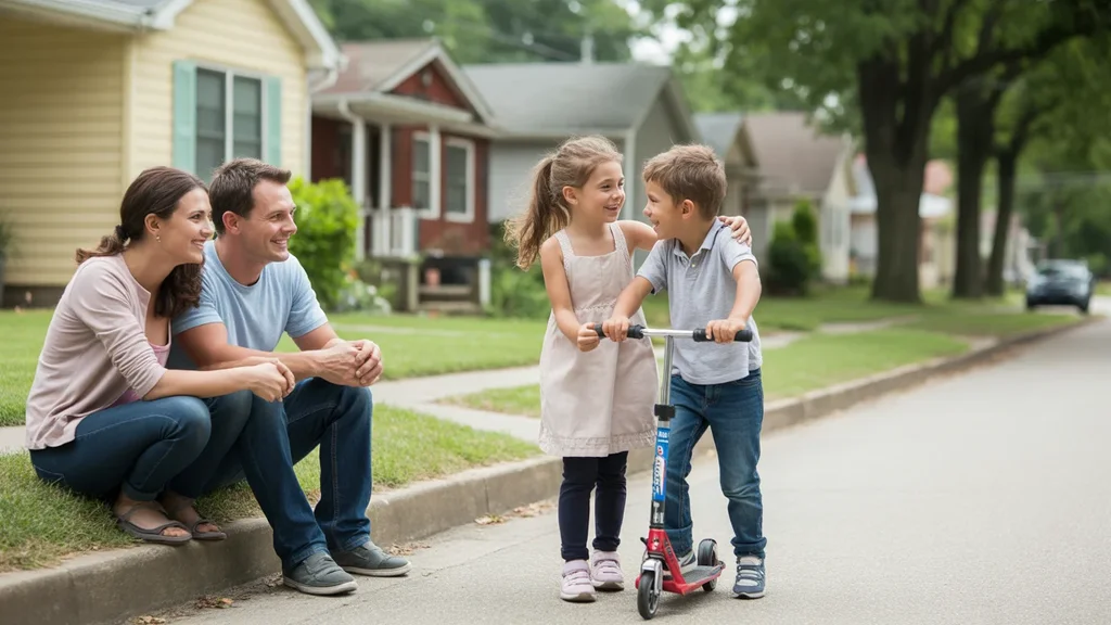 Family outside home in Hendersonville, TN neighborhood with apartments and houses