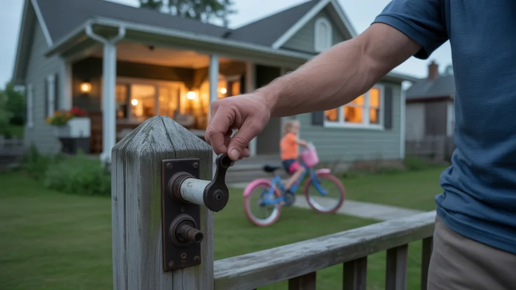 A man's hand turning off a porch light switch at dusk outside a suburban home in Valley Station, KY