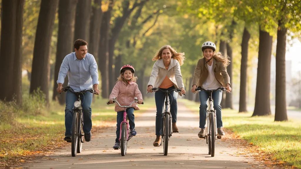 Family biking together on the Illinois Prairie Path in Wheaton