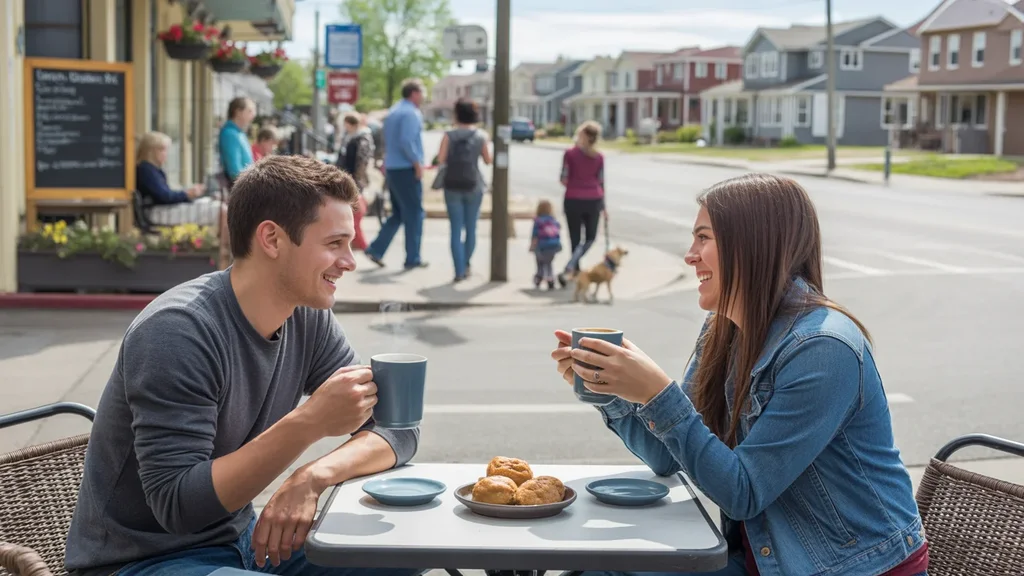 Two roommates enjoying coffee outside a cafe in Thornton, Colorado