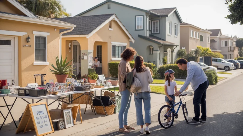 Garage sale in Orange, CA with neighboring condo and single-family home