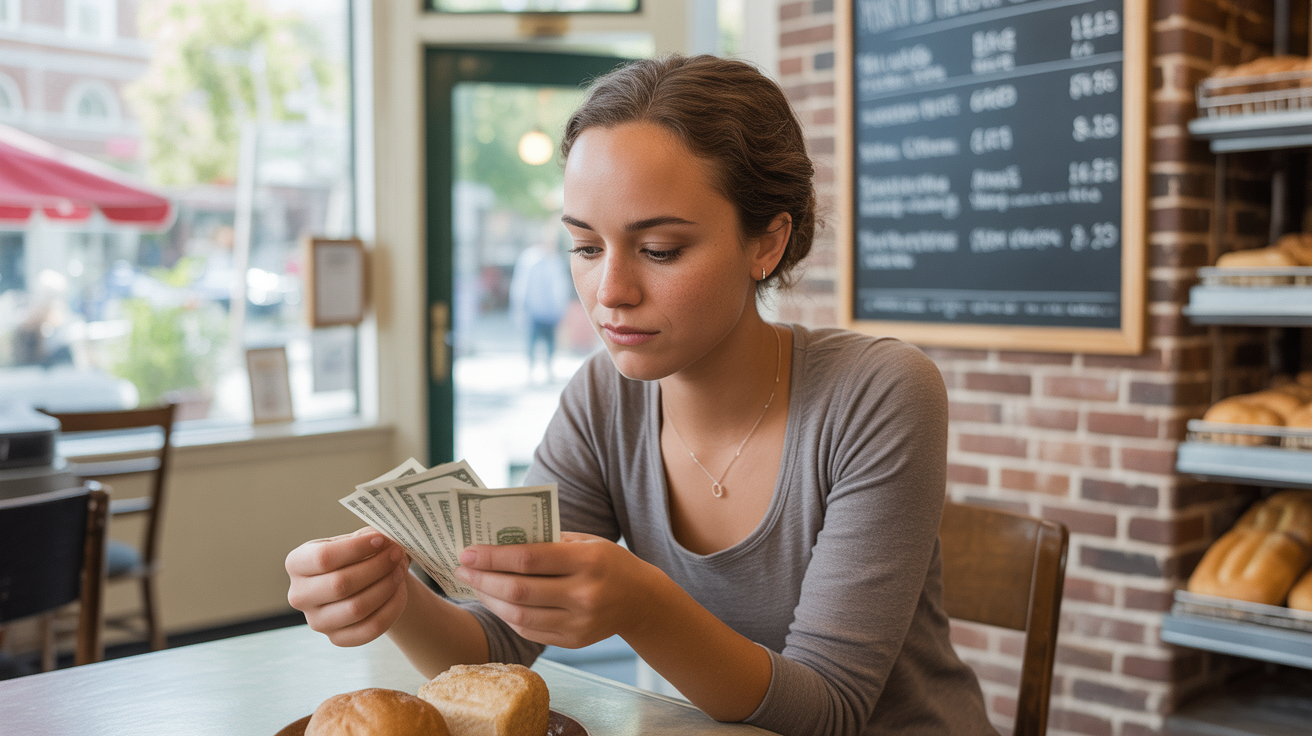 Woman on a budget carefully counting money to pay at local Murfreesboro bakery