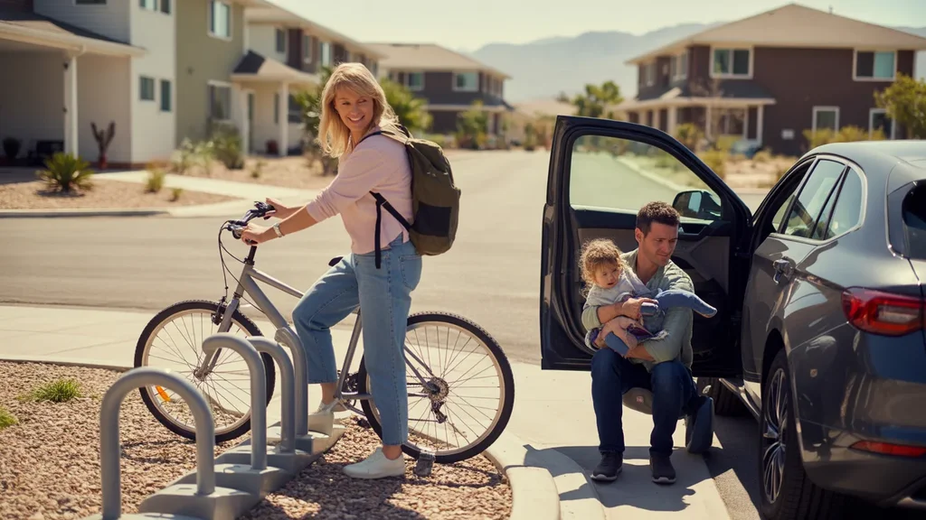 Woman unlocking bike from shared bike rack outside apartment in Paradise, NV