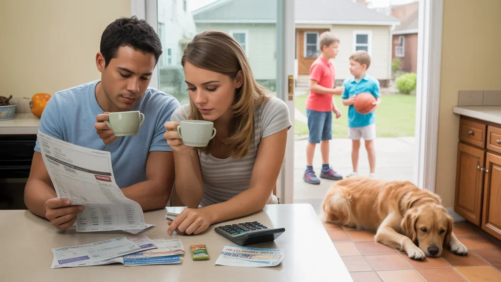 A couple budgets at their kitchen table while their kids play basketball outside their Lexington home