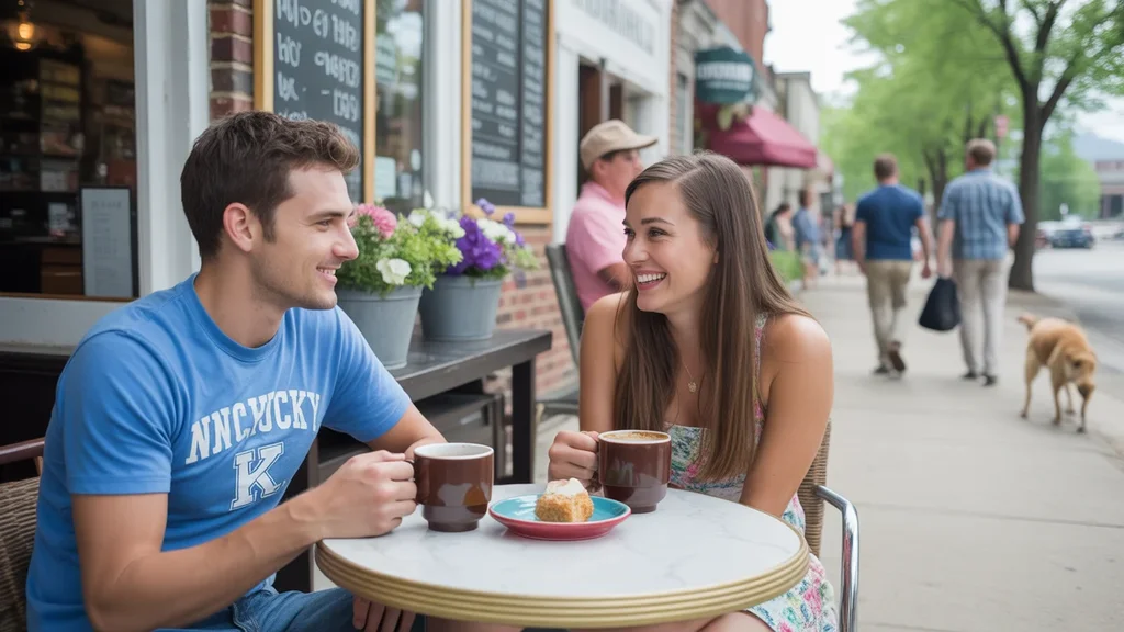 Two friends enjoy coffee and conversation outside local cafe on a weekend morning in Nicholasville, Kentucky