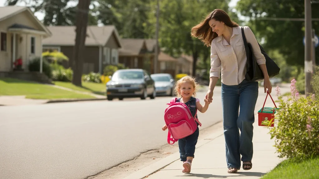 A young mother in Lakewood, CO walks home from daycare with her happy young daughter on a quiet suburban street.