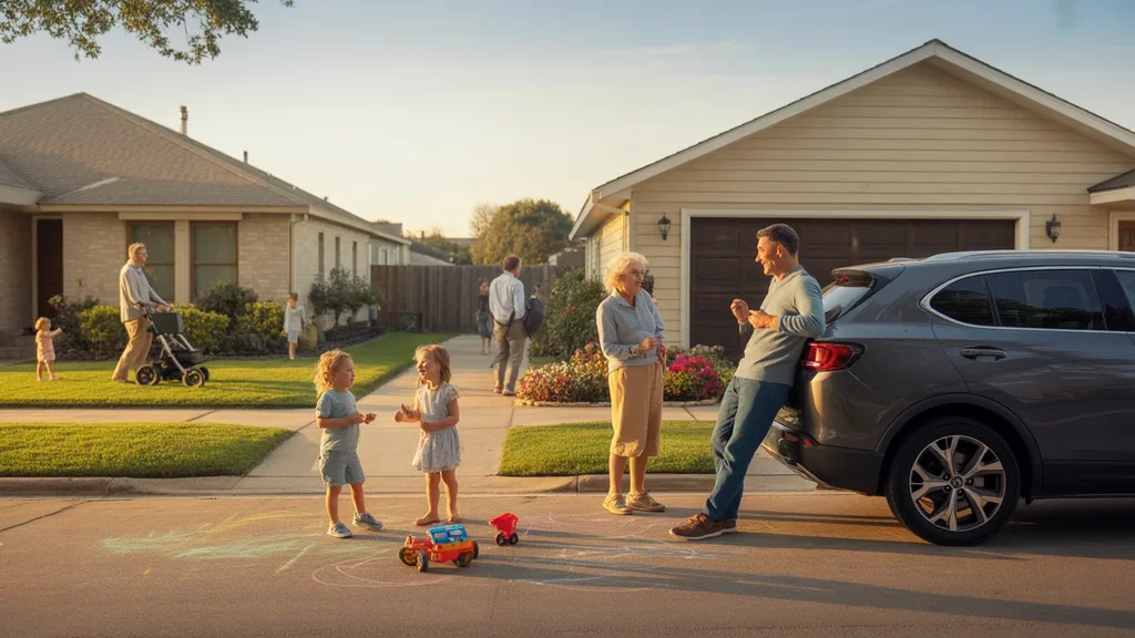 Neighbors chat in driveway between homes in Pearland, Texas as kids play nearby at sunset
