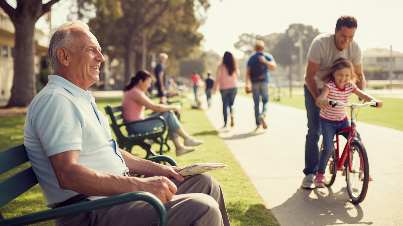 Elderly man sitting contentedly on park bench watching young family in Costa Mesa, CA park