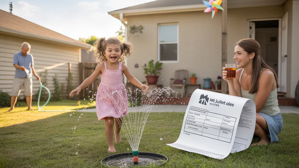 Young girl playing in sprinkler in backyard of suburban home in Mt Juliet, TN