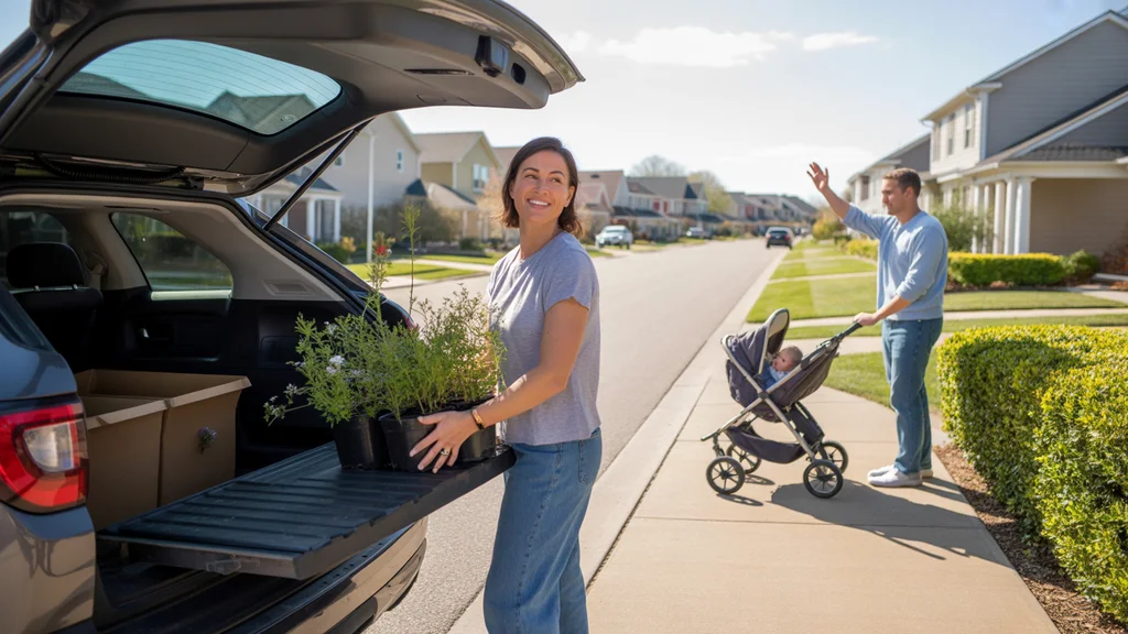 Woman unloading gardening supplies from car in driveway of suburban home in Mt Juliet, TN