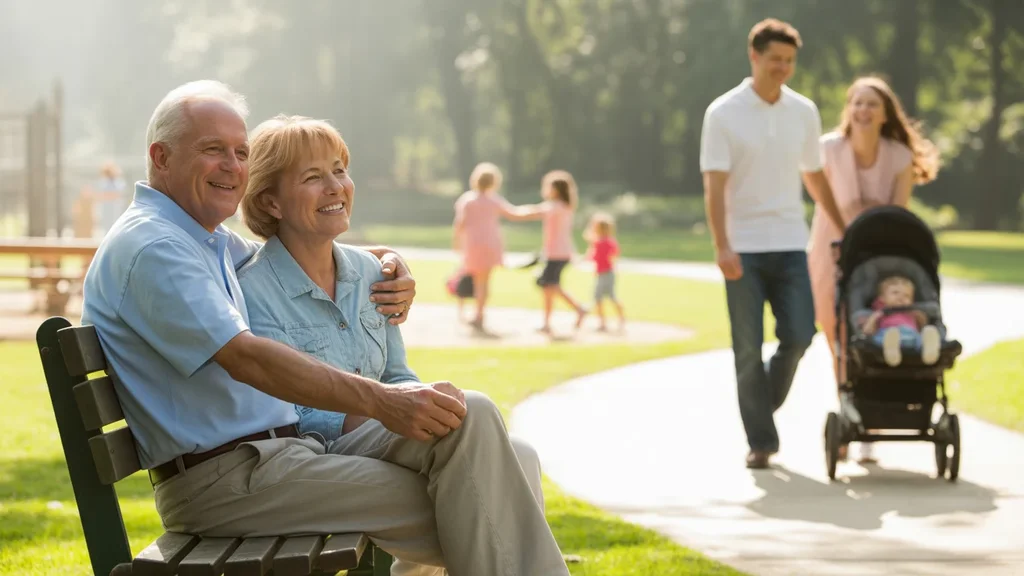 A retired couple sits on a park bench, smiling as they watch their grandchildren play in The Woodlands, TX.