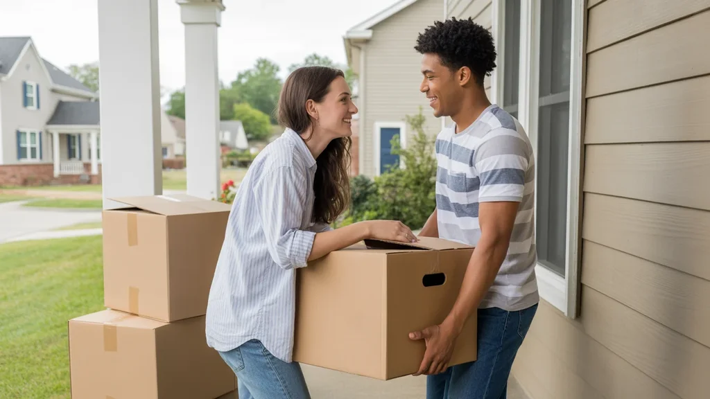 Couple unpacking on porch of new home in Nicholasville