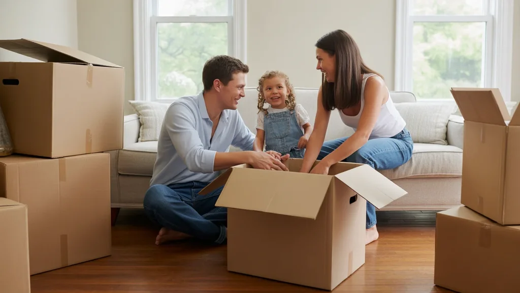 Family unpacking boxes in their new Georgetown, KY home, smiling in the sunlit living room.
