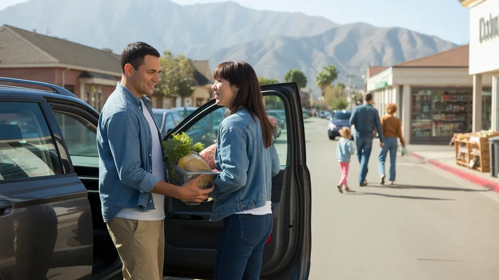 A couple loads groceries in Fontana, CA with mountains in the distance