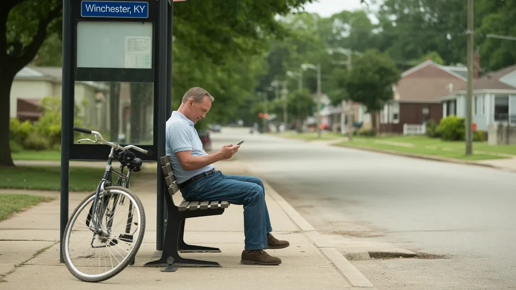 A man waiting at a shaded suburban bus stop with his bicycle in Winchester, KY