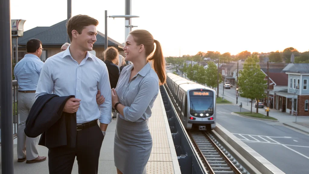 Two coworkers chatting on a light rail platform in Shively, KY at sunset