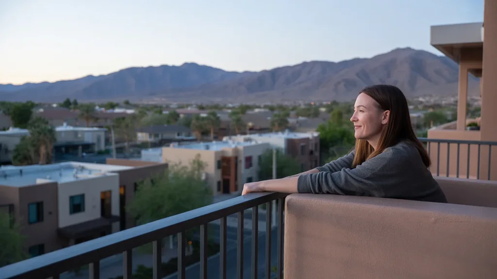 Person relaxing on apartment balcony overlooking Henderson, Nevada at sunset