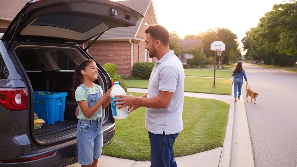 Father and daughter unloading groceries from car trunk outside Oklahoma City home at sunset