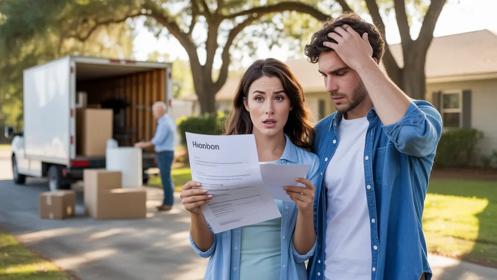 Couple reviewing unexpected fees and HOA violation during move-in day at their new Brandon, FL home