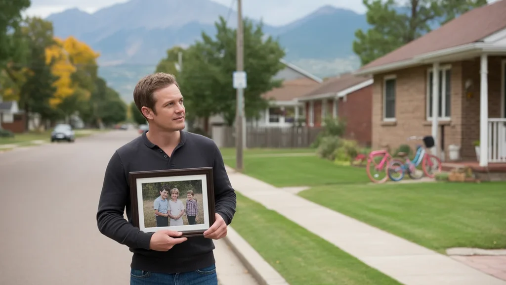 Man holding family photo while standing in front of suburban house in Westminster, Colorado