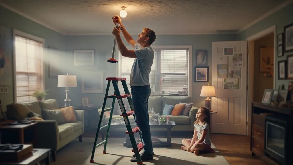 Man changing lightbulb in living room while daughter watches