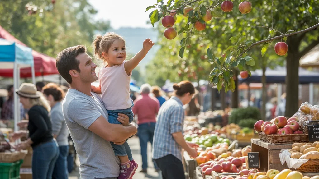 Father lifting daughter to pick apple at farmers market in Franklin, TN