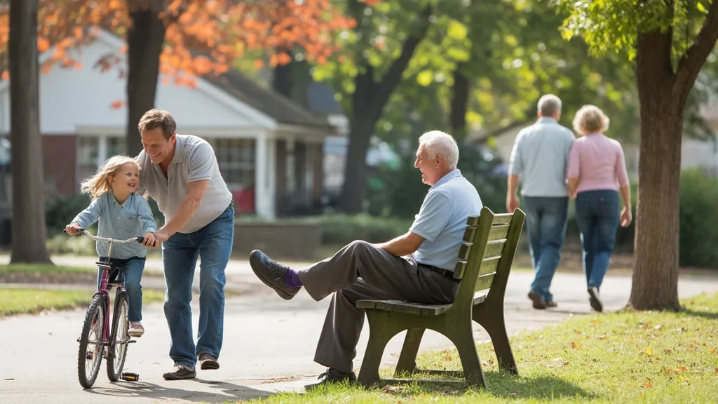 An elderly man sits on a park bench watching a father teach his daughter to ride a bike in Shively, KY