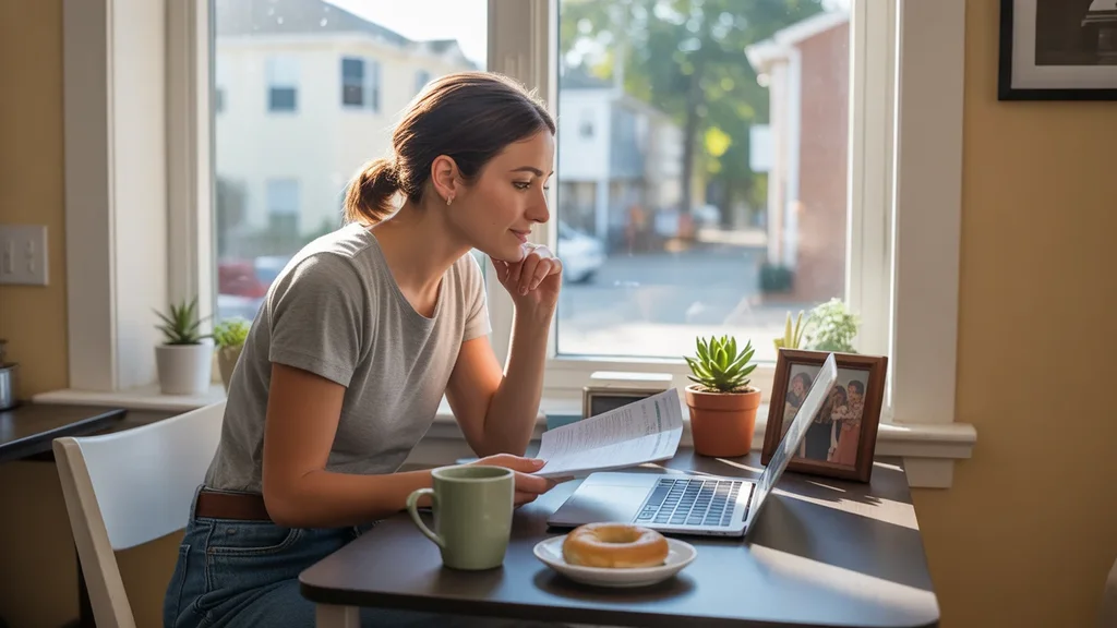 Woman reviewing monthly budget at kitchen table in Roswell apartment