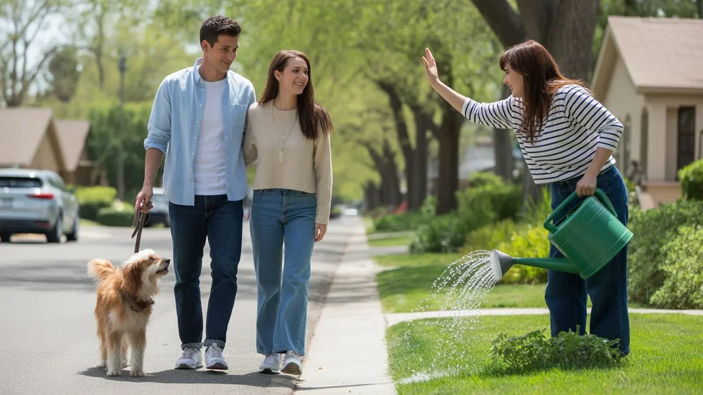 Couple walking dog in quiet Spring Valley neighborhood
