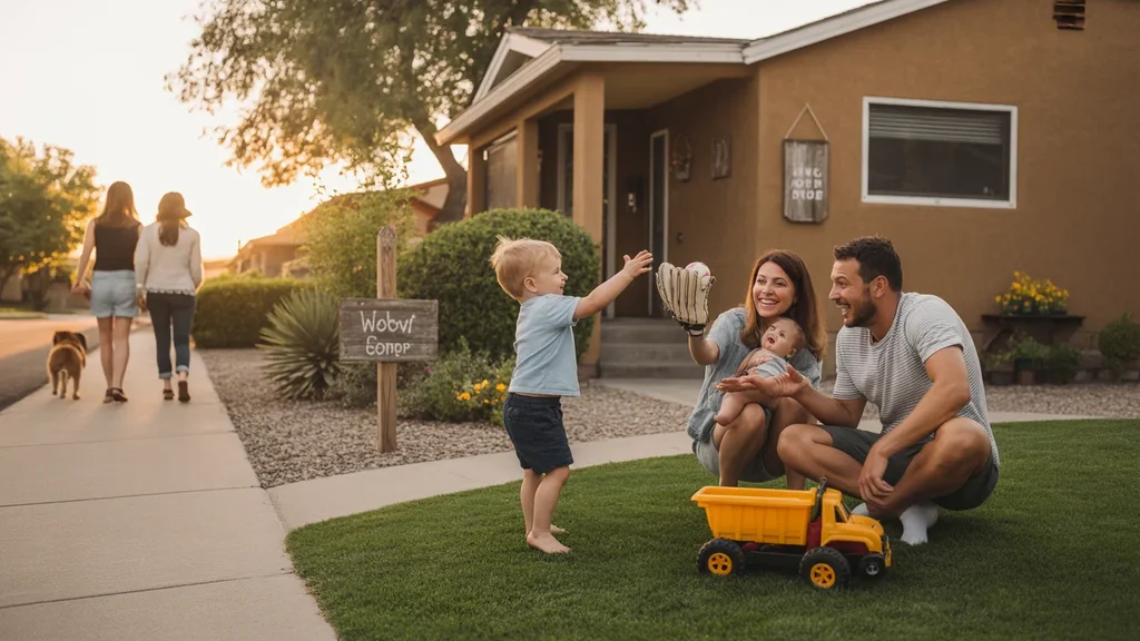 Young family plays together in front yard of their Buckeye suburban home at sunset