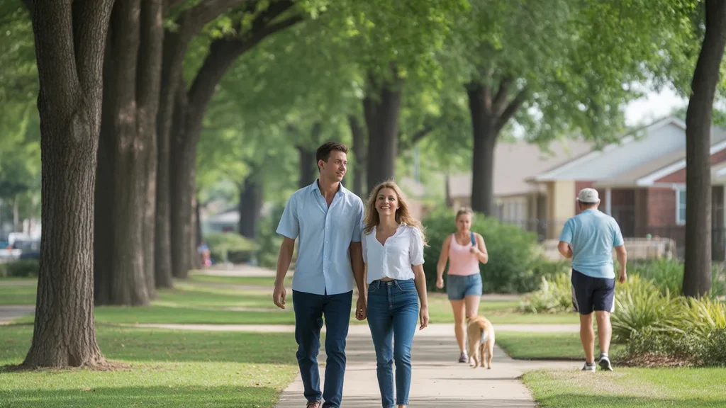 A couple walks through a shaded neighborhood park in Norman, Oklahoma on a sunny day.