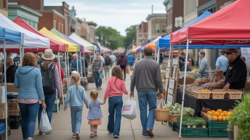 Shoppers browse colorful tents at the Midwest City farmer's market in the town square.