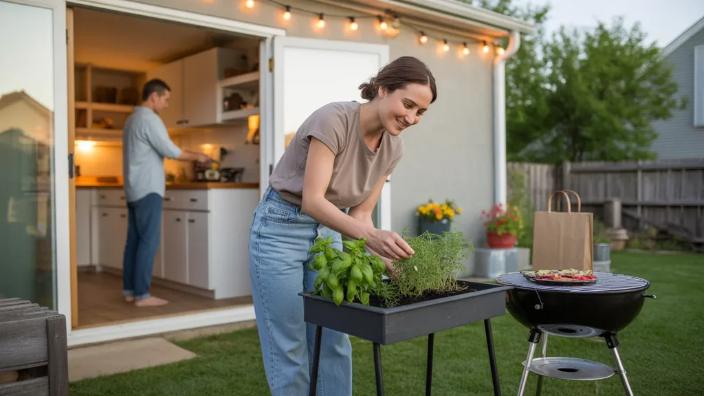 Woman tending herb garden next to grill on patio of modest Georgetown KY home