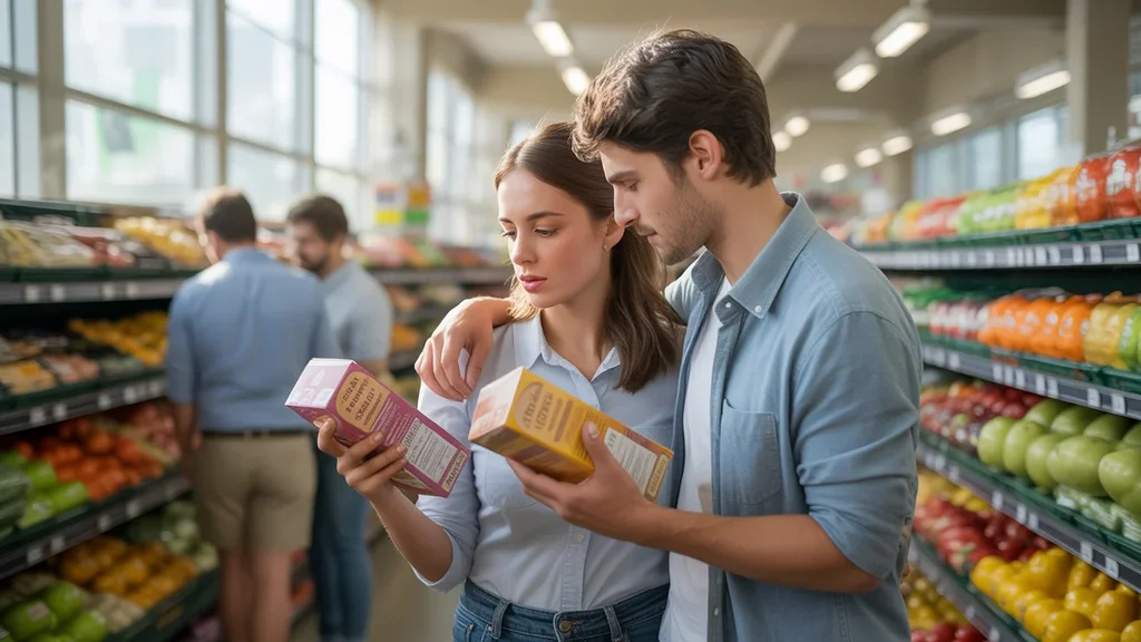 Couple comparing cereal prices in grocery store aisle