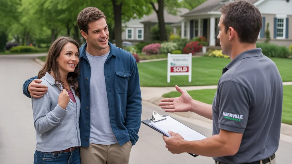 A couple consults with a landscaper outside their new Naperville home