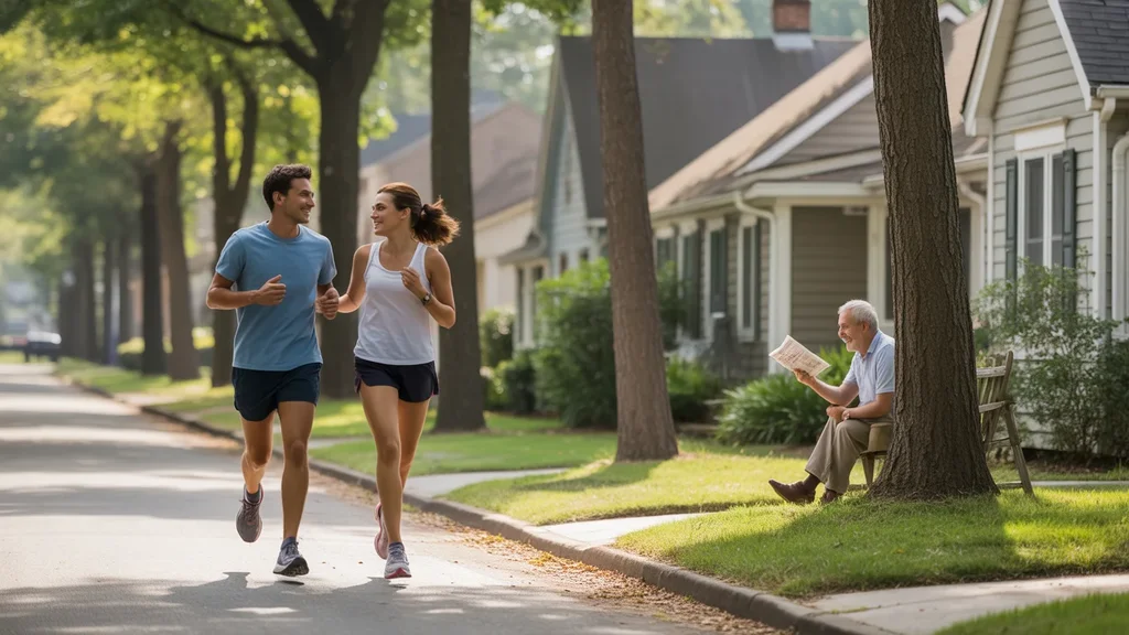 A couple jogging past starter homes on a quiet street in Cary, North Carolina
