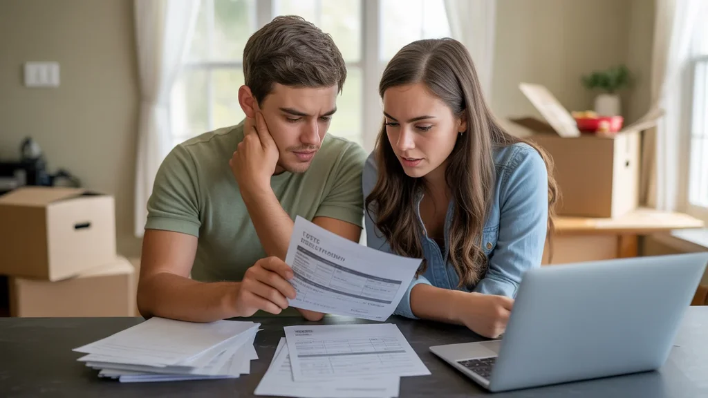 Couple reviewing utility bills and lease documents in Georgetown home