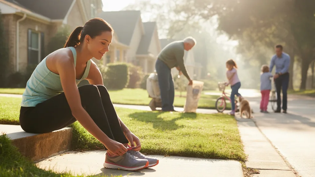 Woman tying running shoes on front steps of Katy, TX home in peaceful suburban neighborhood
