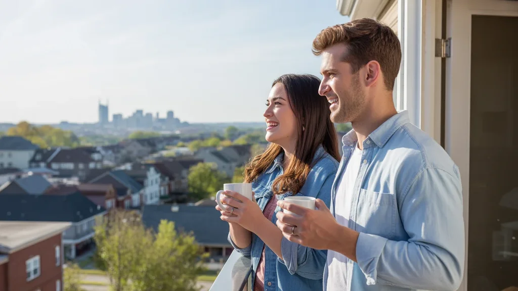 Couple enjoying coffee on their new Hendersonville apartment balcony