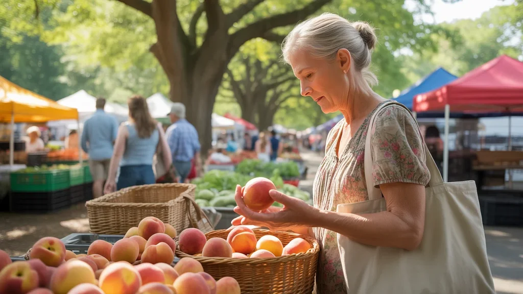 Senior woman examining fresh peaches at Nicholasville Farmers Market in summer