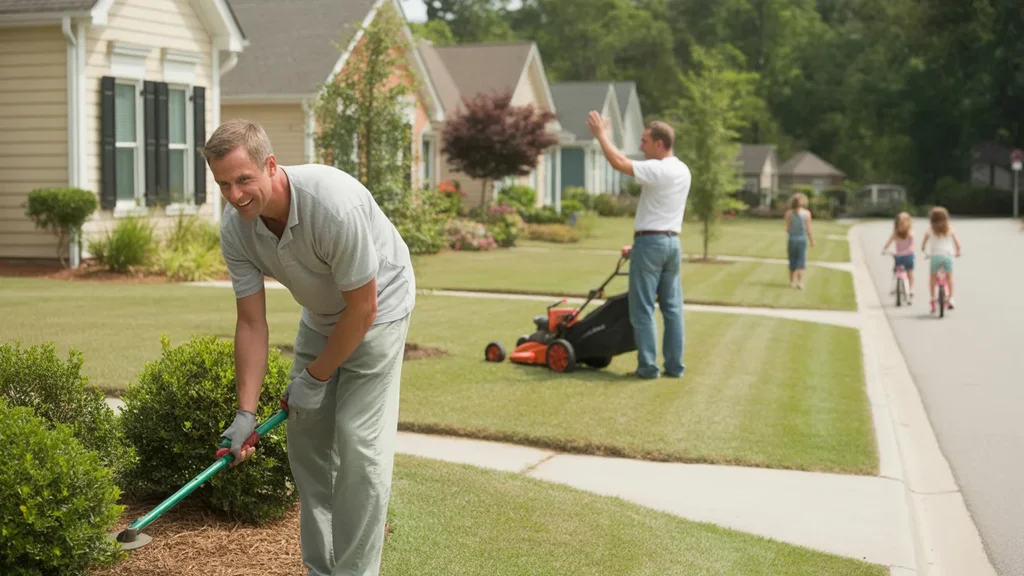 Homeowner trimming shrubs in front of suburban house while neighbor mows lawn across street in Rock Hill, SC neighborhood