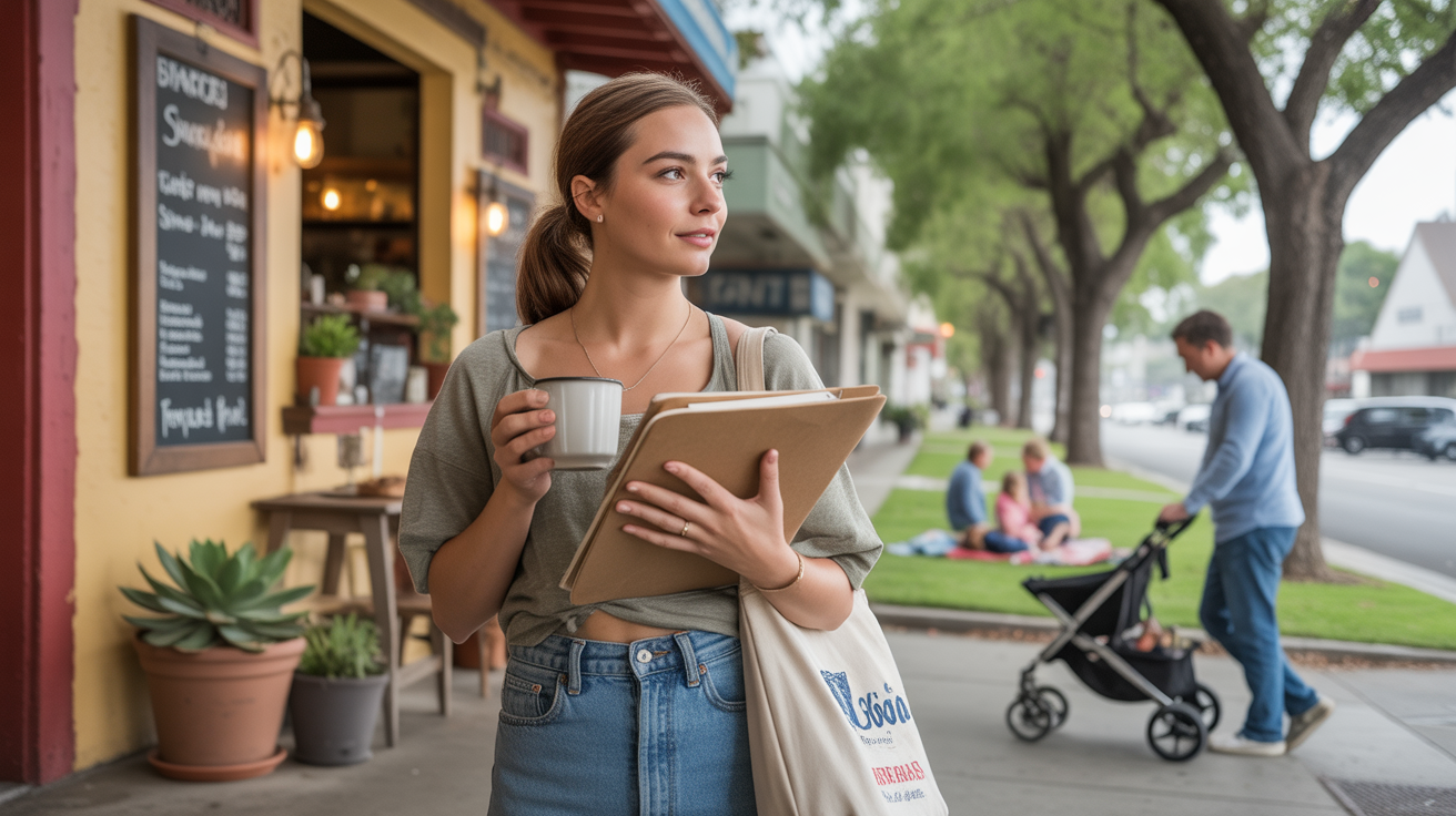 Woman looking at menu board outside café in Garden Grove, CA