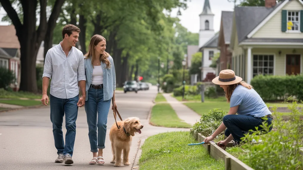 A couple walking their dog on a quiet, residential street in Franklin, Tennessee