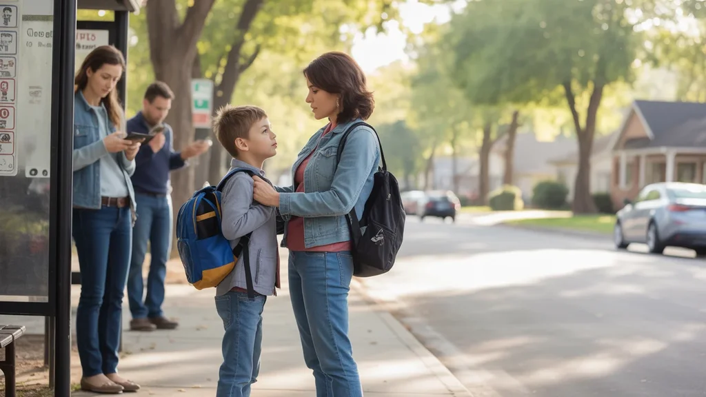 Mother and son waiting for the school bus on a suburban street in Commerce City, Colorado