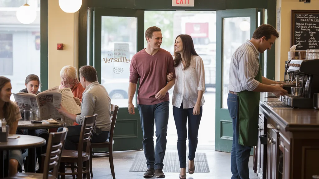 A couple enters their regular coffee shop in Versailles, KY and is greeted warmly by the barista.