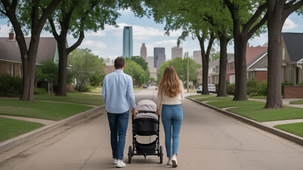 Couple walking with stroller in Oklahoma City neighborhood