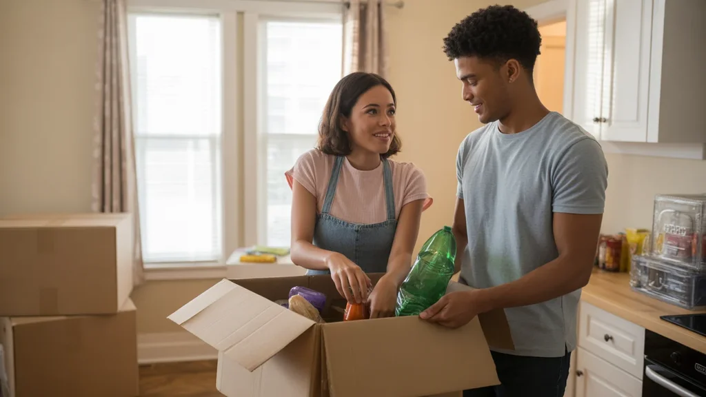 Couple unloading groceries in their new Norman apartment kitchen