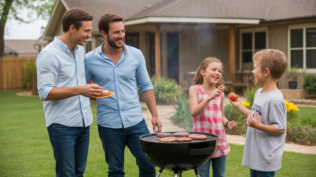 Family having a laid-back barbecue in the backyard of their Moore home