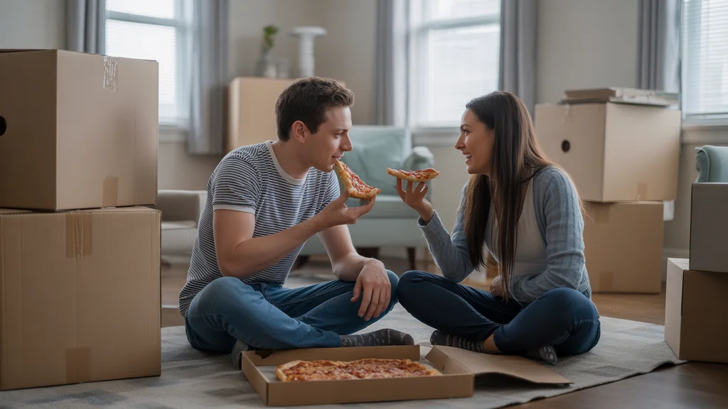 Couple eating first meal on floor of new apartment in Smyrna surrounded by moving boxes