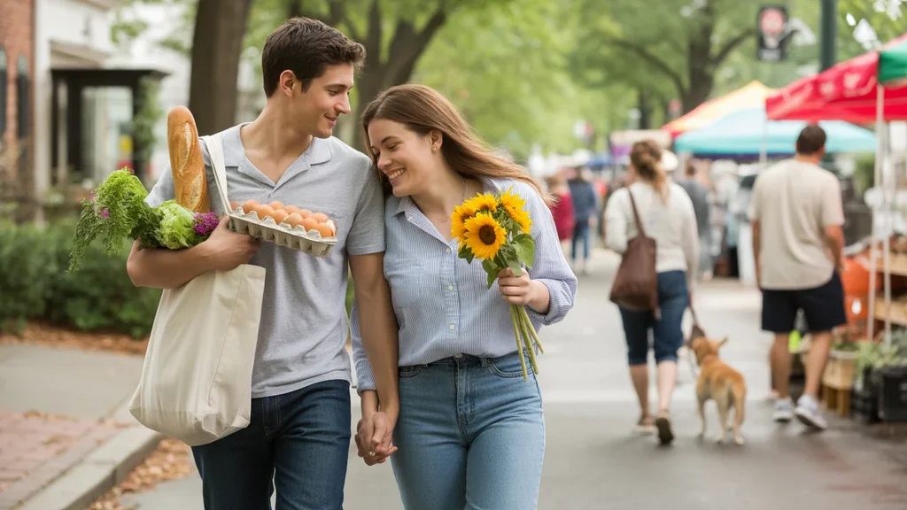 A couple walks home from the Roswell farmer's market with fresh groceries and flowers, enjoying a sunny afternoon together.